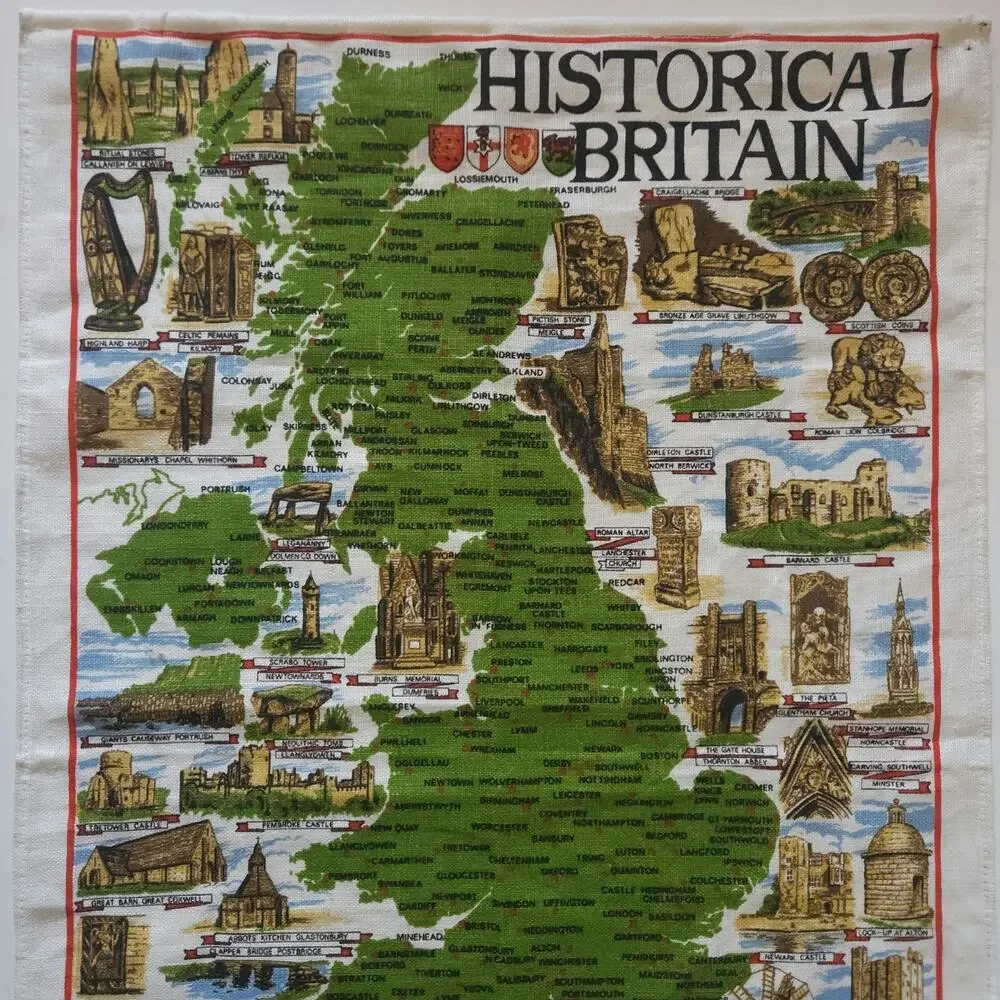 Vtg Irish Linen Kitchen Dish Tea Towel Britain Souvenir Map Wall Art Repurpose